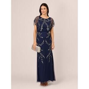 Adrianna Papell Studio Hand Beaded Flutter Blouson Gown Navy Blue Size 14 NWT